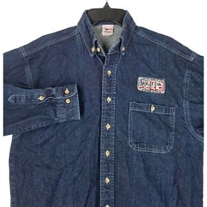 Vtg Union Line Denim Shirt Shacket Mens L Blue VIP Veterans In Piping USA Made